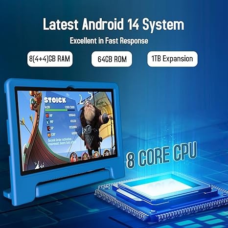 Kids Tablet, 10 inch Android 14 Tablet for Kids, 8GB RAM 64GB ROM Octa-Core Fast-Charging Battery Toddler Tablet with Shockproof Case, Bluetooth, WiFi, Parental Control, Dual Camera, GPS