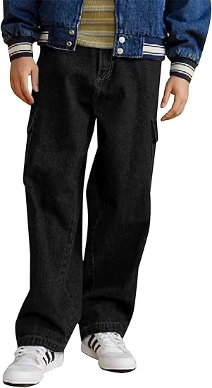 Haloumoning Boys Cargo Baggy Pants Elastic Waist Wide Leg Jeans Casual Demin Pants with Pockets 5-14 Years