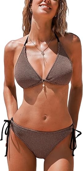 CUPSHE Women's Bikini Sets Halter V Neck Self Tied Straps Textured Bathing Suit Low Rise Bottom Side Drawstring