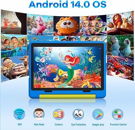 Kids Tablet｜Upgraded Android 14 Tablet 10 inch for Kids with Protective Case｜Octa-Core｜64GB｜1TB TF Card Expandable｜Dual Camera｜Parental Control｜Pre-intalled KIDOZ｜Great Gift for Toddler(Blue)