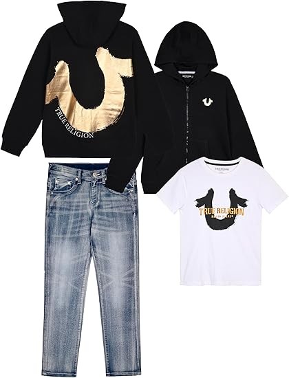 True Religion Boys Clothing Set 3 Piece Boys Sweatshirt Jeans and T-Shirt Jogger Set for Kids