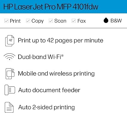 HP LaserJet Pro MFP 4101fdw Wireless Black & White All-in-One Laser Printer, Scanner, Copier, Fax, Best-for-Office (2Z619F)