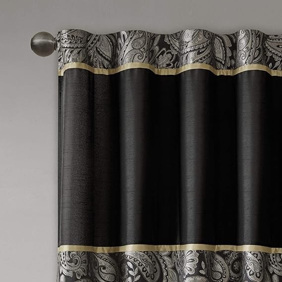 Madison Park Aubrey 2 Panel Curtain Faux Silk Paisley Jacquard, Rod Pocket Curtain For Living Room, Kitchen, Room Darkening Window Drape for Bedroom and Dorm, 2-PK 50x84", Black