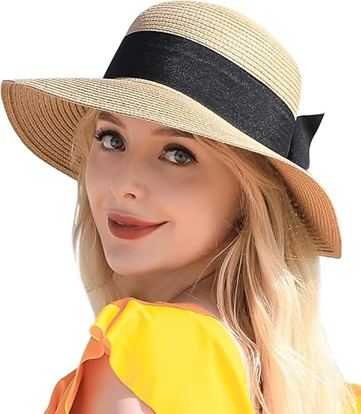 Beach Sun Straw Hats for Women, UPF 50+ UV Sun Protection Wide Brim Summer Straw Hat Foldable Packable Roll up Cap