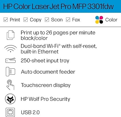 HP Color Laserjet Pro MFP 3301fdw Wireless All-in-One Color Laser Printer, Office Printer, Scanner, Copier, Fax, ADF, Duplex, Best-for-Office (499Q5F)