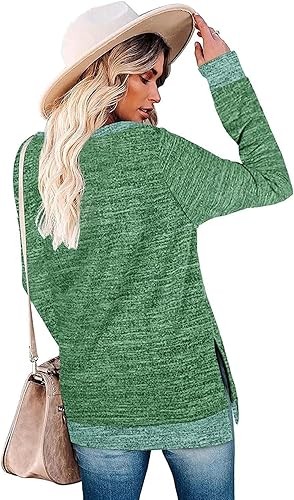 WELINCO Womens Crewneck Pullovers Color Block Long Sleeve Side Split Tunic Tops