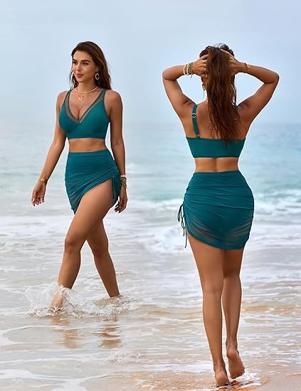 Blooming Jelly Womens Swim Skirt High Waisted Bikini Sets Tummy Control Swimsuits Mesh Sarong Wraps Bathing Suits