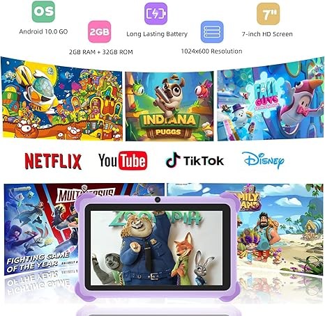 Kids Tablet 7 inch Tablet for Kids 32GB Toddler Tablet with Case, Android Kids Learning Tablet with WiFi Youtube Parental Control, Bluetooth, Preinstalled Educational Contents for Girls Boys, Purple