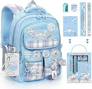 Backpack for Girls with 14Pcs Accessories - Anime Schoolbag Cartoon Backpack Laptop Bookbags Anti-Theft Travel Aesthetic New Semester Gifts Bag with Pins,ID Badge Holder,Stationery - Blue