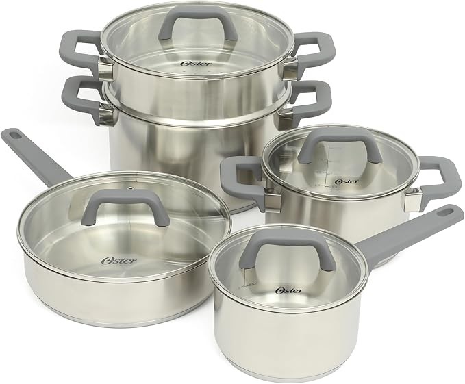 Oster Beauford 9 Piece Stainless Steel Non-Toxic Pots and Pans Cookware Set W/Tri-Ply Encapsulated Bottom & Soft Touch Handles